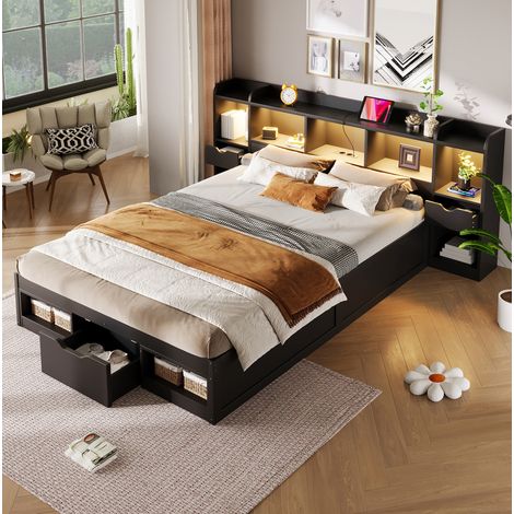 Letto piattaforma 140x200 cm nero in MDF e compensato con LED, USB e contenitore (1/5)