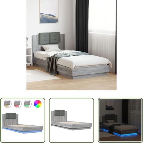 vidaXL LED-Leuchten - Bettgestell mit Kopfteil und LED-Leuchten Grau Sonoma 100x200cm (1/5)