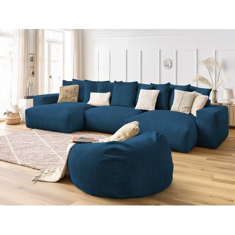 BOBOCHIC - Canapé panoramique fixe VOLTAIRE velours côtelé avec pouf Panoramique Jaune (1/5)
