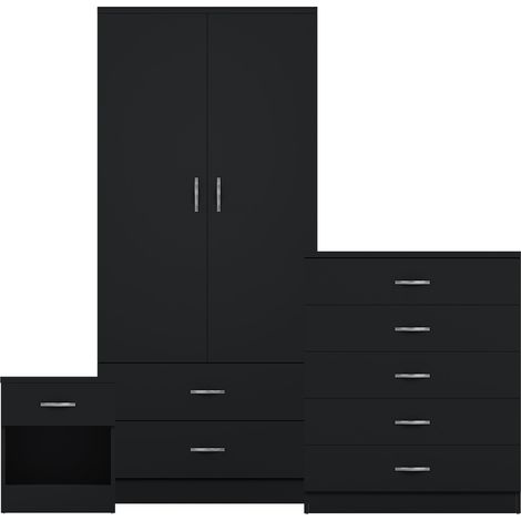 Riano 3 Piece Bedroom Set (1 Drw Bedside Chest, 5 Drw Chest, 2 Door 2 Drw Wardrobe), Black (1/3)