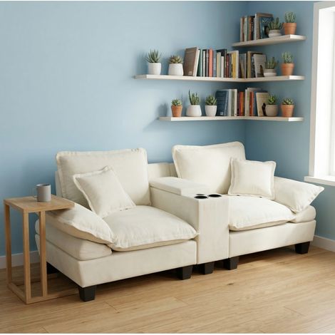 Divano modulare in chenille beige con pouf rimovibile, vani contenitore, portabicchieri e porte USB (1/5)