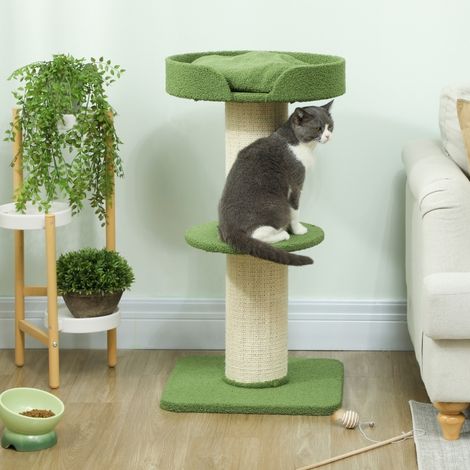 Árbol rascador para gatos (45x45x91 cm), con postes de sisal, plataforma superior con cojín extraíble, poliéster verde (1/5)