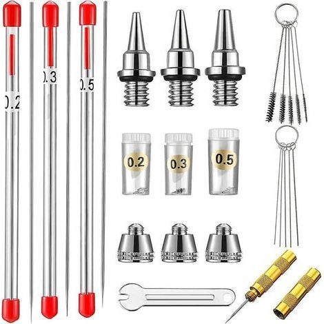 Kit de 21 pièces pour aérographe : buses et aiguilles de rechange, nettoyage. (1/4)