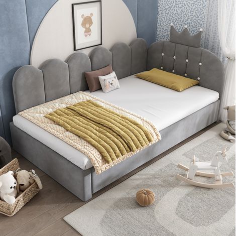 MEUBLIV Lit de jour escamotable en velours gris avec lit gigogne 90 x 200 cm et lit inférieur 90 x 190 cm design couronne et grille pour chambre d enfant et chambre d amis (1/5)
