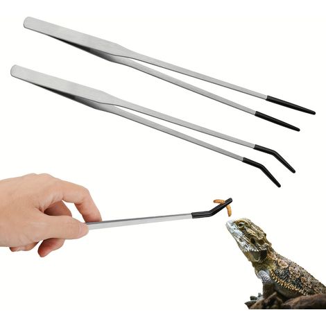 Deux pinces à nourrir pour reptiles en acier inoxydable avec embouts en caoutchouc, adaptées aux aquariums ou aux loisirs créatifs. (1/5)