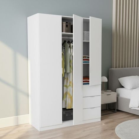 Dmora Guardarropa Fullerton, Armario dormitorio con 3 puertas y 3 cajones, Mueble con 3 baldas y barra perchero, cm 135x52h200, Blanco, con embalaje reforzado (1/5)