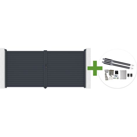 Portail battant 4m CALANCIA H.180cm lames persiennes aluminium gris + moteur RANGER B150