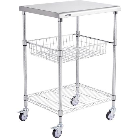 Desserte à Roulettes à 3 Niveaux Chariot de Rangement Multifonctionnel en Acier 61x50,8x67,6 cm Charge 213,2 kg Roues Verrouillables 6 Crochets pour Stockage Buanderie Cuisine Restaurant Bureau (1/5)