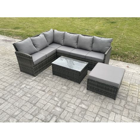 Fimous 7 Seater Rattan Lounge Corner Sofa Set Wicker PE Outdoor Garden Furniture Set with Coffee Table Big Footstool Dark Grey Mixed