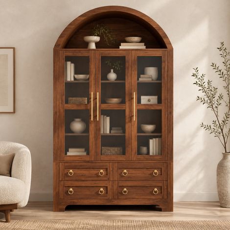 Vitrina 3 puertas de cristal, 4 cajones y nicho arqueado 110 x 40 x 185 cm, nogal (1/5)