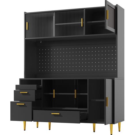Hohes Sideboard Schwarz Hochglanz 140x40x180 cm mit LED, Glasschiebetüren und Magnettür (1/5)