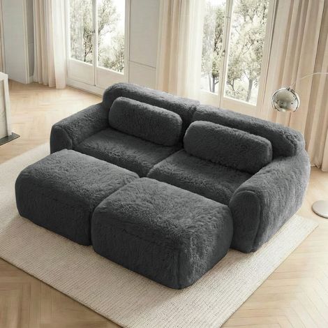 Canapé d’angle modulaire fixe en tissu peluche gris, 204 x 179 x 73 cm, avec 2 ottomans, assise large et base antidérapante, sans montage – de FLORAGRACE (1/5)