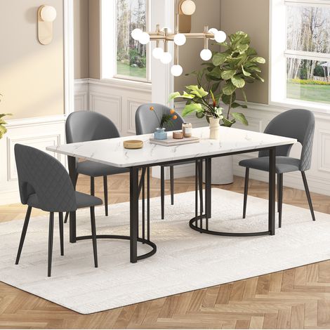 Set tavolo da pranzo 140 x 80 cm con 4 sedie, piano MDF effetto marmo bianco grigio DESVIAE (1/5)
