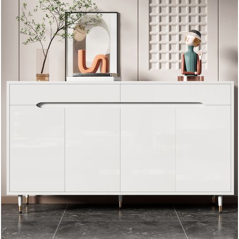 Meuble chaussures avec 2 portes, 2 tiroirs, étagères réglables, blanc et doré HAVRYA (1/5)
