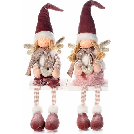 Angeli gambe lunghe in stoffa con ali, cappellino, sciarpina, cuoricino decorativo e dettagli dorati, set da 2 pezzi, cm 17x10x41 H (capp.esteso)