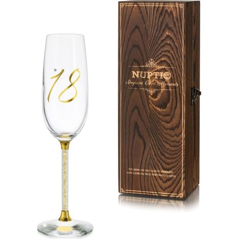 Champagne Flute Birthday Gift Golden with Wooden Box for Men, Women, Girls, Boys, Customised Crystal Glass Ideas 7.04oz (1/5)