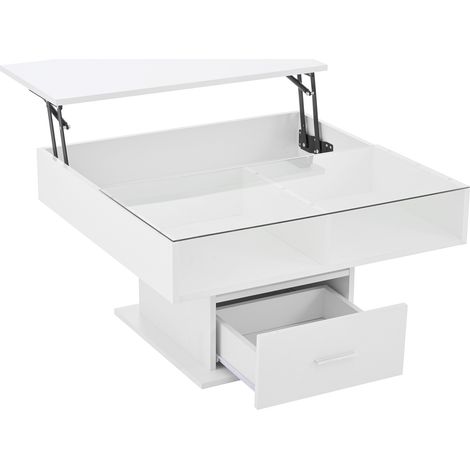 Table basse relevable blanche avec LED, rangement et surface ajustable pour salon et bureau (1/5)