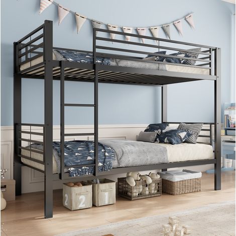 Etagenbett 90x200 cm aus Metall in Schwarz mit beidseitig montierbarer Leiter und Stauraum (1/5)