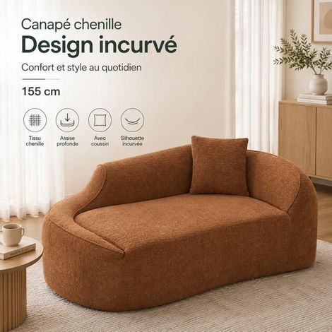 Petit Canapé 155x95x65cm en Chenille Caramel - Mini Canapé - Design Incurvé Ergonomique, Sans Montage, 1 Coussin Inclus, Salon (1/5)