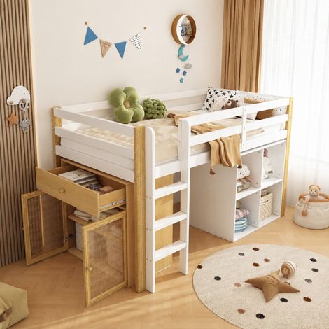 DESMIU Lit Mezzanine 1 Place avec 2 Placards de Rangement et Échelle, 90 × 200 cm, sans matelas, Naturel et Blanc (1/5)