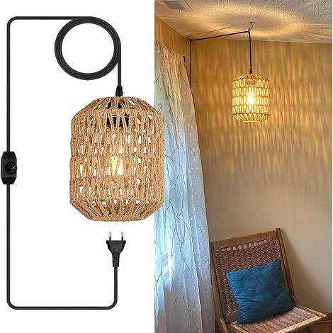 E27 Vintage Suspension Luminaire avec Câble 4.5M et Prise, Ø18cm Suspension Bohème en Rotin avec Interrupteur Dimmable, Abat-Jour Rétro en Corde de Chanvre pour Intérieur/Extérieur Balcon (1/5)