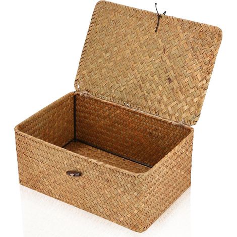 Aufbewahrungskorb aus geflochtenem Rattan, Aufbewahrungskorb mit Deckel, Wäschekorb aus Seegras, handgeflochtener Schreibtischkorb, Kosmetik-Organizer, Regalkörbe für Bad, Wohnzimmer, Küche (1/5)