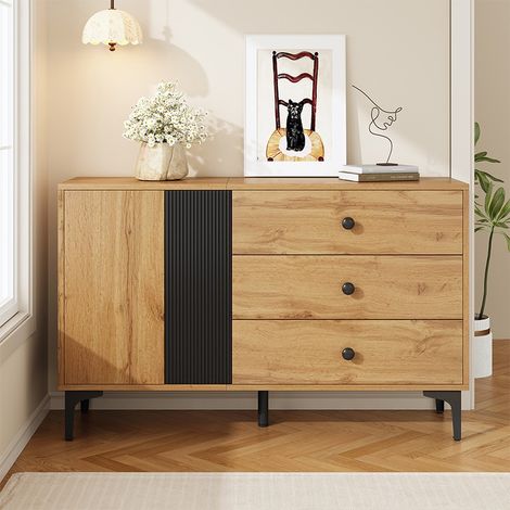 Buffet moderne 120 x 35 x 76 cm effet bois avec bandes verticales noires, 1 porte + 3 tiroirs, pieds métal noirs (1/5)