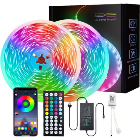 20M Ruban LED Intelligent 5050 RVB Contrôle Vocal Rythme Musical Bluetooth 44 Touches Set Décoration- Norme Européenne - 30 Lumières - 44 Touches Infrarouge + Bluetooth [10 mètres 2 rouleaux] (1/5)
