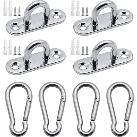 4 Stück M5 304 Edelstahl-Ösenplatten, 4 Stück robuste Karabiner für Sonnensegel und Hängematten, robuste Wandhalterung