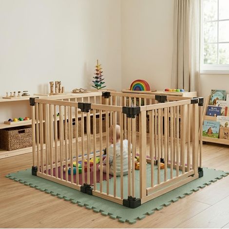 Safetots Wooden Play Den 80cm x 120cm, Natural Wood, 76cm High, with Soft Foam Play Mat, Soft Green, 90cm x 150cm (1/5)