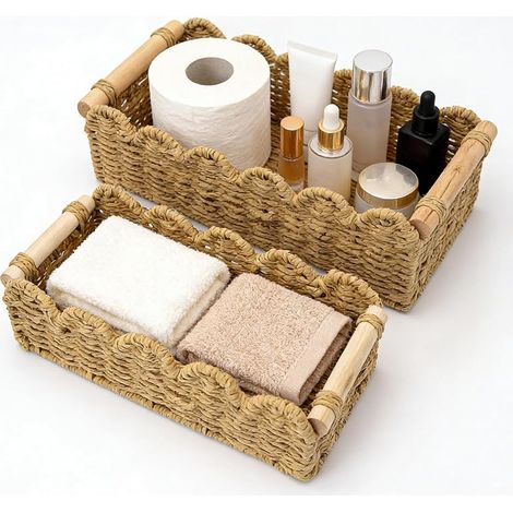Lot de 2 paniers de rangement tressés avec poignées en bois, paniers de rangement pour papier toilette, décoration, table à langer, panier pour salle de bain, cuisine, salon, bureau (marron) (1/5)