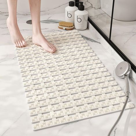 Rutschfeste Badematte mit Abflussloch und großen Saugnäpfen, Fußmassagefunktion und praktischer Aufbewahrungsmöglichkeit (weiß) (1/3)