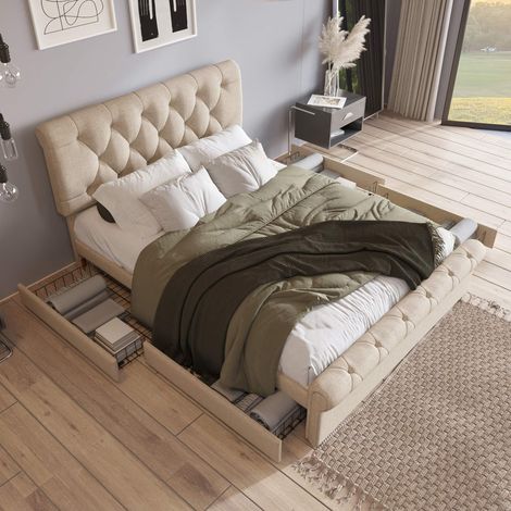Lit capitonné 140x200 cm avec sommier à lattes inclus, 4 tiroirs de rangement, tête de lit réglable, lit double Chesterfield en tissu lin, sans matelas (1/5)