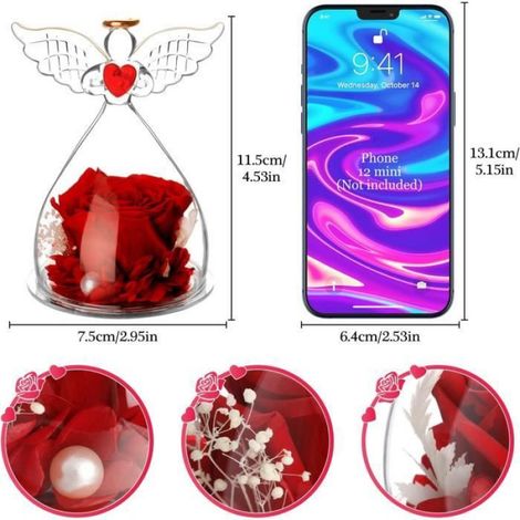 Rose Éternelle Angel sous Cloche, Idee Original Noel Cadeau pour Femme Maman, Cadeau Saint Valentin Cadeau Fete des Meres(Rouge) (1/4)