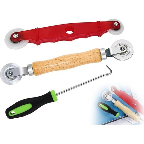 Set di 3 attrezzi con ruote - Gancio per zanzariera con manico in legno - Ruote doppie - Protezione dagli insetti per finestre - Ruote scanalate con rivestimento in nylon - Attrezzo per zanzariera