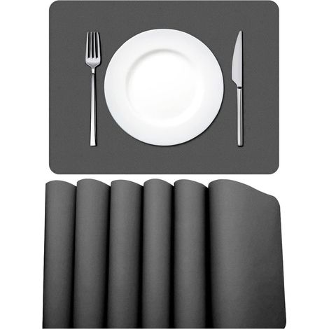 Set mit 6 rechteckigen Platzsets aus PU-Leder, 42 x 30 cm, wasserdicht, hitzebeständig, abwaschbar, dunkelgrau