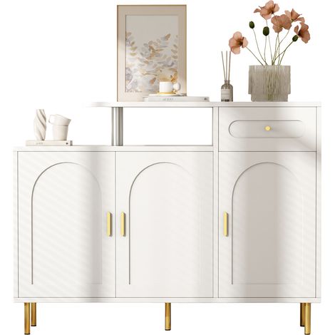 Kommode / Sideboard / Schuhschrank mit Metallgriffen, 1 Schublade und 3 Türen, auf Metallfüßen, Weiß, Maße B120 x H92 x T35 cm