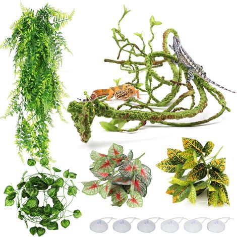Reptile Plants,  Terrarium Hanging Plant Vines Artificial Leaves Reptile Hide, Leopard Gecko Tank Accessories, Terrarium Decorations for Bearded Dragon Lizard Snake Chameleon