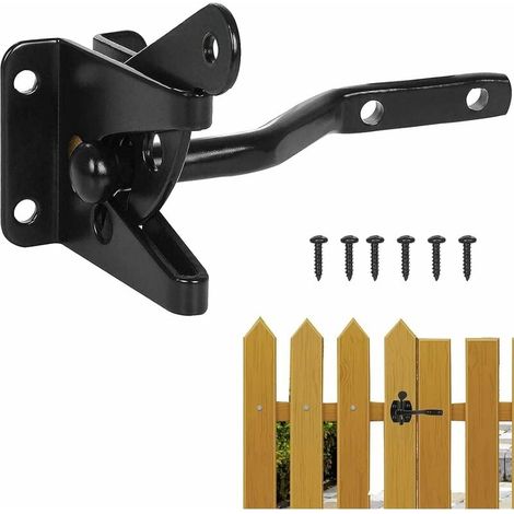 Verrou de portail noir automatique, loquet de clôture de jardin avec 6 vis, serrure de portillon extérieur pour barrière agricole, fermeture auto pour porte de parc en osier. (1/5)