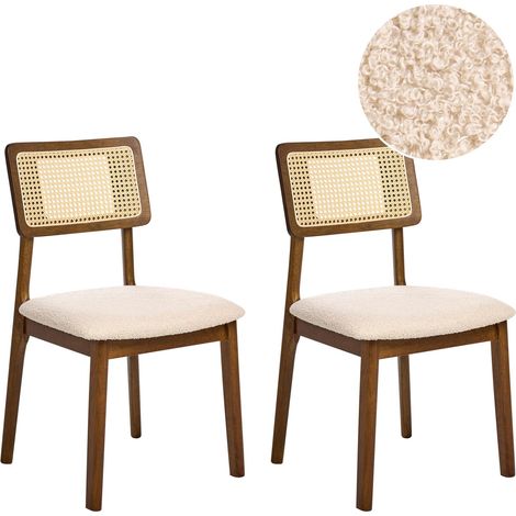 Set di 2 sedie da pranzo Sedute morbide imbottite in boucle PE Rattan Schienale in gomma legno laccato Marrone Embar (1/5)