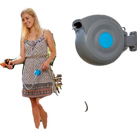 Enrollador de manguera de jardín, 20 m de longitud, 9 modos de pulverización, rotación de 180°, retracción automática, resistente a los rayos UV y a las heladas. (1/5)