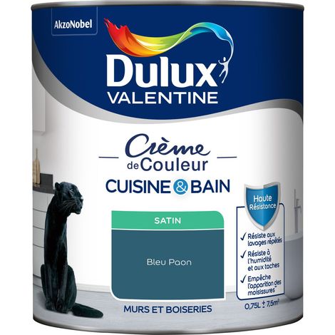 [PROMO] Dulux Valentine Peinture Intérieure Crème de Couleur Cuisine et Salle de bain - Satin Bleu Paon 0,75 L