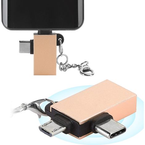 Adaptateur USB-C OTG 2 en 1 avec Câble USB 3.0, Convertisseur pour Smartphone Android (Doré avec Sangle) (1/4)