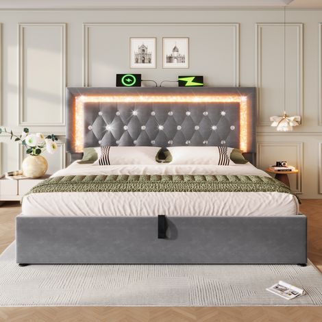 Cama canapé abatible 180x200 cm con LED, USB y USB-C, cabecero ajustable, terciopelo gris HAVRYA (1/5)
