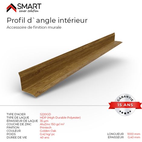 Profil d`angle intérieur Tôle bac acier - Toiture - Couverture - plaque H12 Coloris Golden Oak Printech L=1m (1/2)