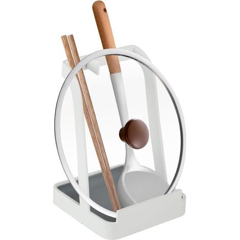 Soporte multifuncional blanco para tapas, organizador de cucharas y soporte para tapas de sartenes de acero inoxidable, diseño minimalista (1 pieza) (1/4)