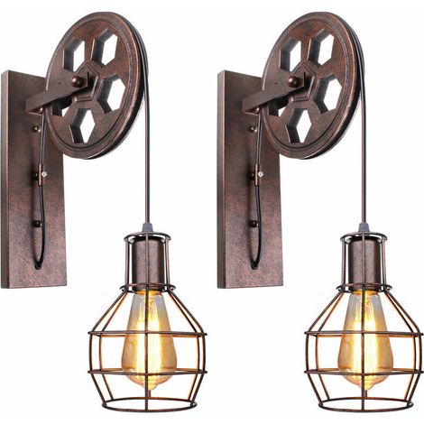 AMXCNOY Applique murale vintage rétro à poulie en métal – abat-jour en métal et poulie en bois – 2 pièces – pour ambiance industrielle (1/5)
