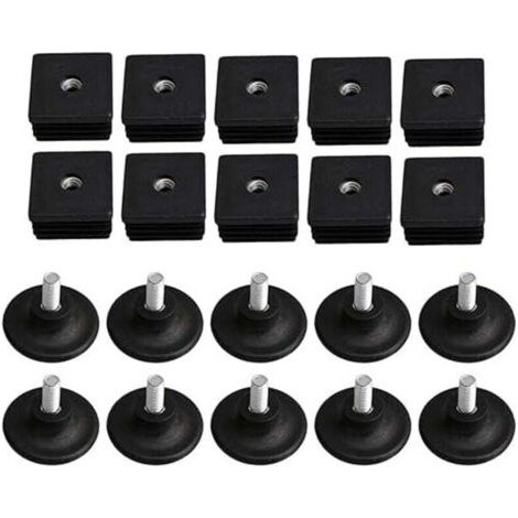 40mm x 40mm Filetage M8 Bouchons de jambe de meuble en plastique noir Bouchons aveugles Bouchons enfichables avec pieds de filetage de réglage pour tube carré Lot de 10 (1/4)