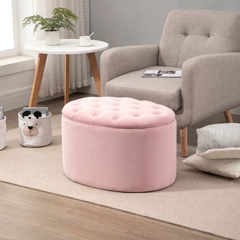 Pouf de rangement avec couvercle rembourré et matelassé, repose-pieds ovale en velours pour salon et chambre, rose (1/5)