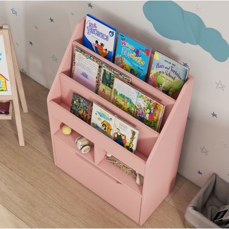 Bibliothèque enfant 60x29,9x90 cm en MDF rose, avec rangement gain de place pour chambre FloraGrace (1/5)
